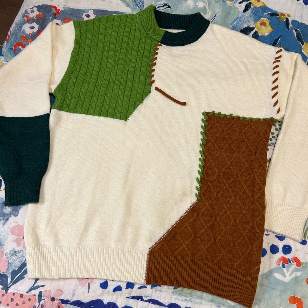 Men's Patchwork Crewneck Sweater - Cream, Green, and Brown - Picture 4 of 10